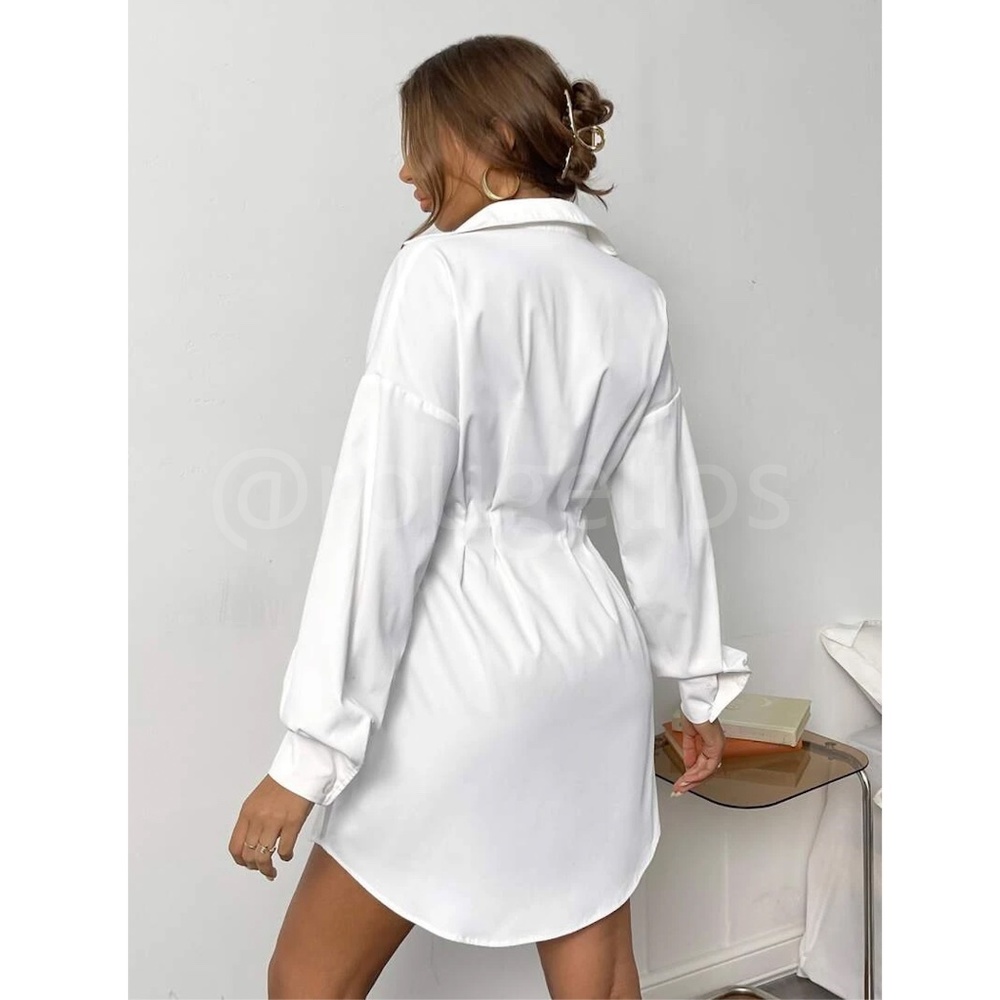 White Fitted Waist Drop Shoulder Buttoned Down Shirt Dress Long Sleeve - Picture 4 of 7